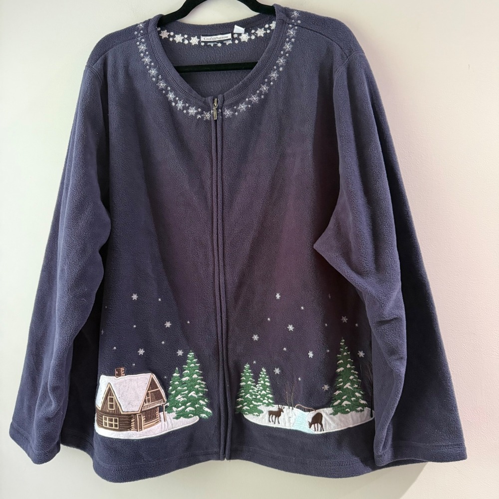 Croft & Barrow Fleece Cardigan Women 3X Navy Blue‎ Excellent Winter Scene Zip Up